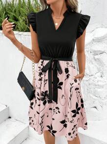 SHEIN Clasi Atuendo de verano para mujer, vestido elegante de manga corta para mujer con escote en V negro, estampado floral, escote con muesca, manga de mariposa, cinturón y falda con volantes - Rosa - Ver 6