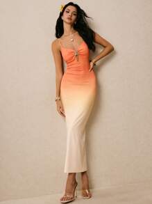 Poéselle Váy yếm hở lưng nhún bèo màu ombre cho nữ - trái cam - Xem 6