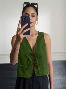 INAWLY Women's Casual Solid Color Tie Front Tank Top, Summer - Olive Green - View 3