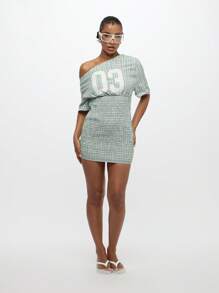 SUMWON WOMEN 迷你连衣裙，褶饰腰部露肩格子图案数字贴花春夏学院风时尚运动风 - 藍白色 - 查看 7