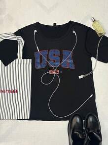 Attitoon Casual Simple USA Text Graphic Dropped Shoulder Women T-Shirt, Summer Suitable - Black - View 1