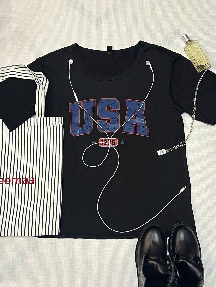Attitoon Casual Simple USA Text Graphic Dropped Shoulder Women T-Shirt, Summer Suitable - Black - View 1