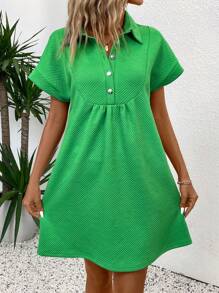 SHEIN LUNE Women's Half-Buttoned V-Neck Batwing Sleeve Summer Dress - Green - View 6