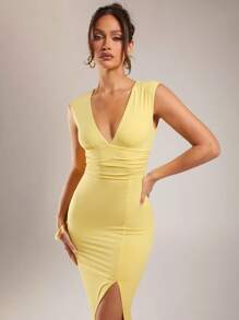 Silquee 女式深V领荷叶边高开衩无袖黄色连衣裙