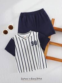 Cozy Pixies 2pcs Baby Boy "Baby Boy" Letter Pattern Knit Soft Raglan Short Sleeve Cardigan And Solid Color Elastic Waist Shorts Set - Blue - View 8