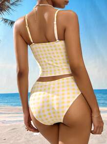 Swim Mod 2pcs Women's Plaid Daisy Flower Pattern Camisole & Bikini Set, Cute Casual Beachwear For Spring & Summer Vacation, Beach, Party - Yellow - View 2