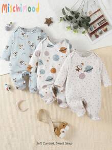 SHEIN 3入組嬰兒男寶寶簡約星空印花長袖連體衣套裝，適用於家居穿著