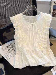 SHEIN 法式甜美夏日设计时尚无袖荷叶边衬衫 - 白色 - 查看 1