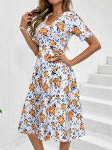 SHEIN Clasi 女士优雅V领贝壳边蓝色花卉印花夏季修身A字度假连衣裙 - 彩色 - 查看 3