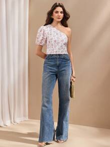 SHEIN Unity Women's Elegant Perforated Print Oblique Shoulder Blouse - White - View 3