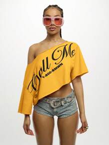 SUMWON WOMEN 露肩短款不对称图案印花节日演唱会 T 恤短袖派对夏季休闲都市装上衣 - 黃色 - 查看 8