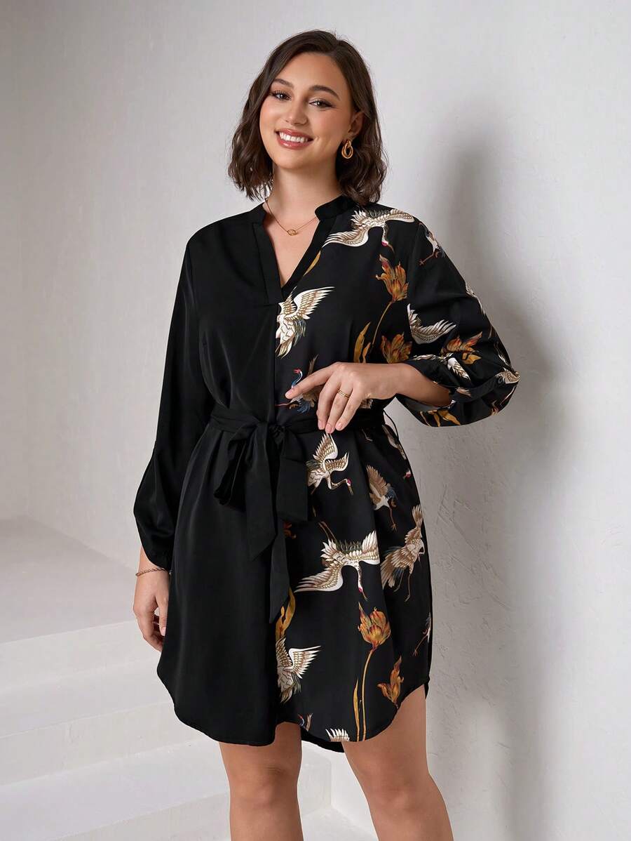 Chikora 大码女式花卉印花 V 领前纽扣长袖连衣裙 - 彩色 - 查看 1
