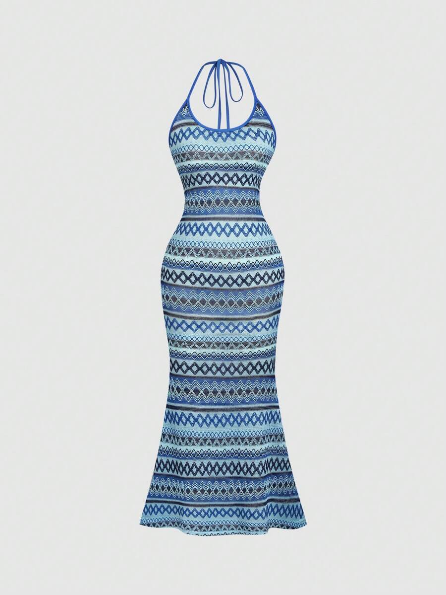 Sweetra Sexy Colorful Striped Backless Halter Neck Dress, Summer - Blue - View 1