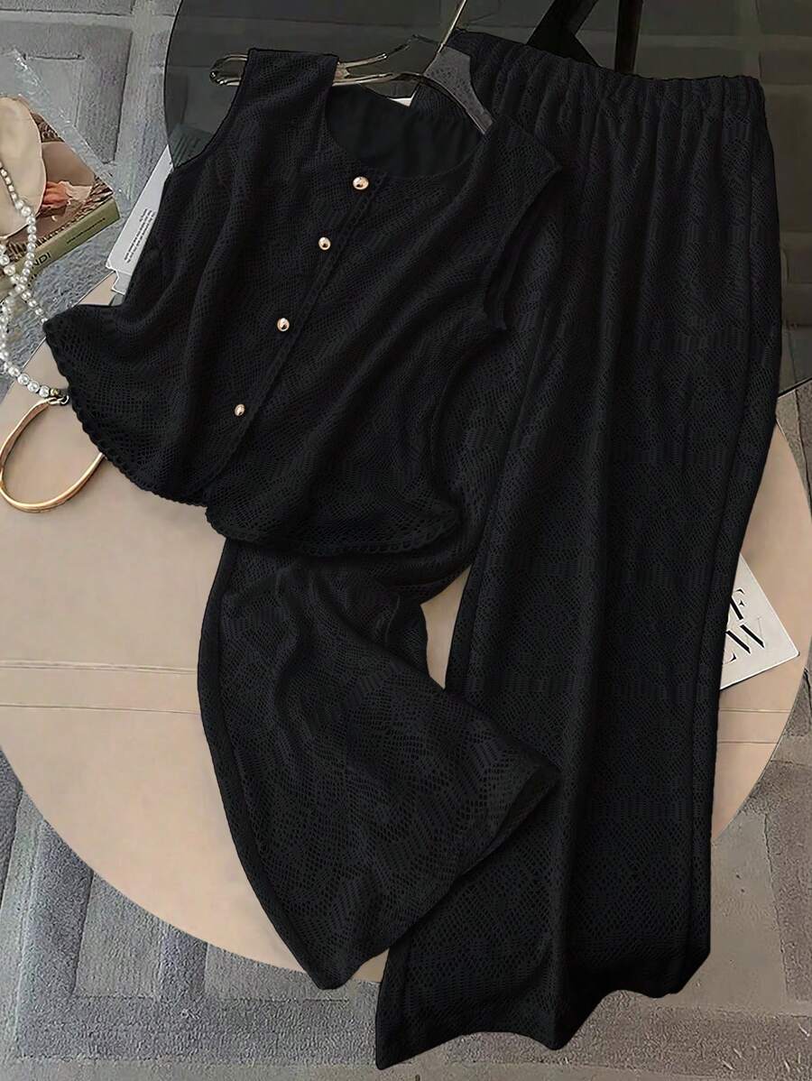 SHEIN Clasi 女装春夏新款钩花镂空针织阔腿裤套装（随机花卉图案） - 黑色 - 查看 1