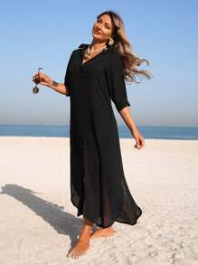 Swim Vcay 1 pieza Kimono cubridor de unicolor de manga larga para mujer, de moda para el verano - Negro - Ver 5