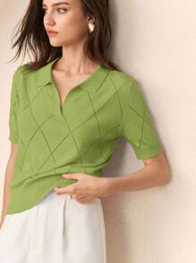 BizChic 牛油果绿 Polo 领菱形针织短袖上衣，现代优雅都市通勤日常百搭，90 年代复古风，适合圣诞节、新年、浪漫情人节派对、海滩、毕业典礼、嘉年华、假日休闲简约场合，适合婚礼宾客、主人、约会、派对、音乐会、早午餐、机场等多种场合。 - 綠色 - 查看 5