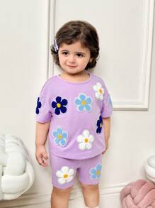 SHEIN 2pcs/Set Baby Girl Floral Print Round Neck Short Sleeve T-Shirt And Shorts Set - Mauve Purple - View 6