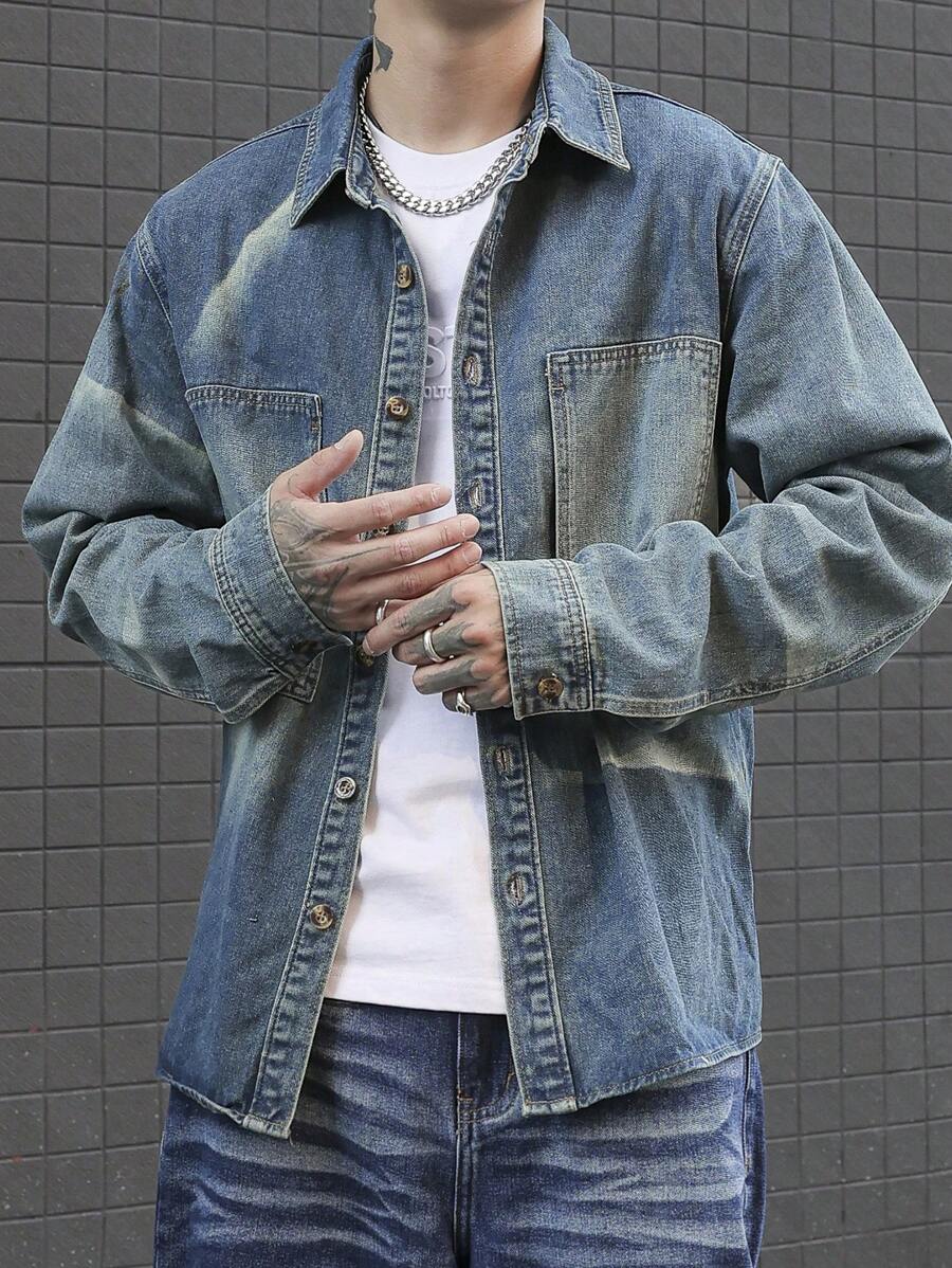 Manfinity Homme Men Casual Washed Denim Shirt For Everyday Wear, Fall - Blue - View 1