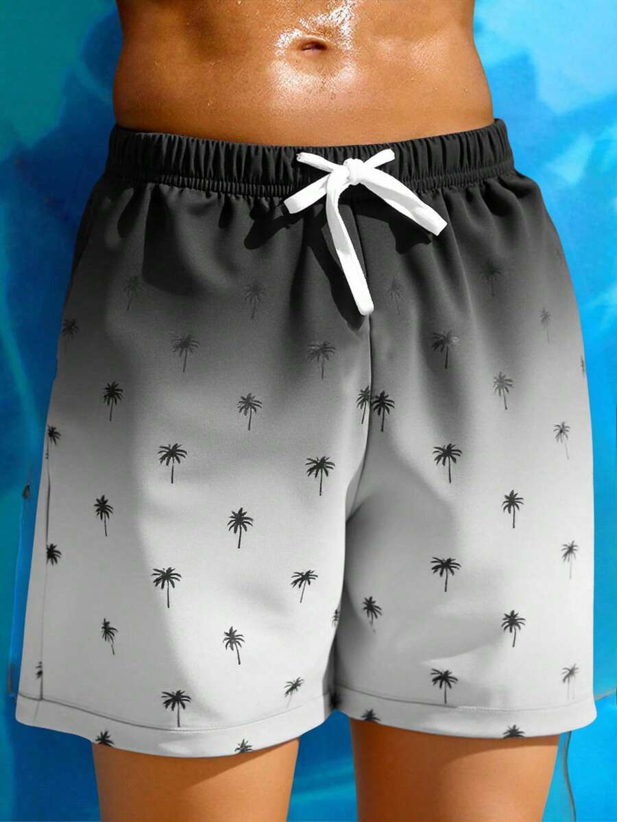 SHEIN Leap Crew 1 Piece Tween Boy Casual Sports Holiday Style Beach Shorts With Gradient Coconut Tree Pattern Suitable For Back To School Suitable For Birthday Parties, Evening Parties, Performances, Weddings, Baptisms, Opening Ceremonies Daily Suitable For Daily Use Suitable For School Suitable For Travel Suitable For Sports Suitable For To Play Swimming Suitable For Spring And Summer Seasons - Grey - View 1