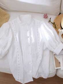 Franclia 时尚优雅百褶纹理面料镂空蕾丝装饰气质白色夏季女士纽扣衬衫 - 白色 - 查看 3