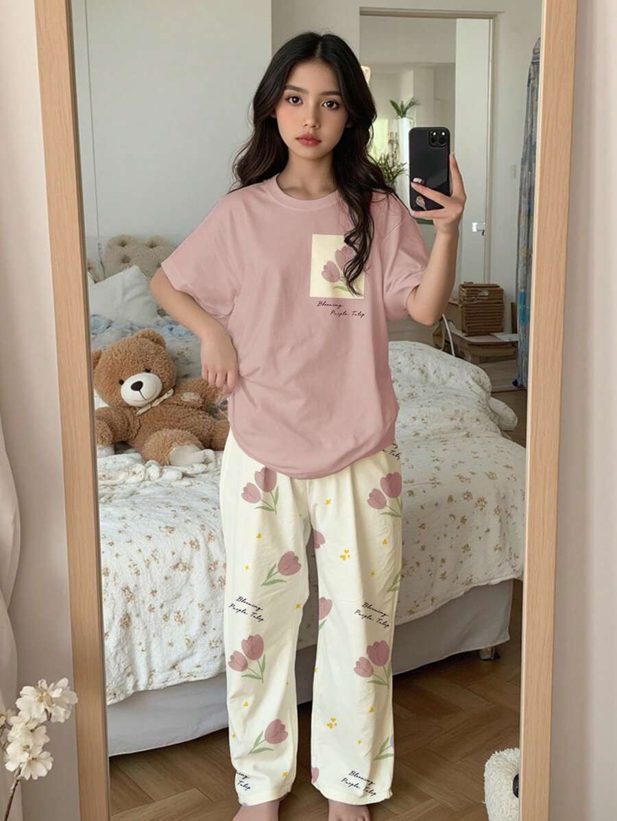 SHEIN Tween Girls' Casual Minimalist Round Neck Short Sleeve & Pants Pajama Set, Suitable For Summer - Multicolor - View 1