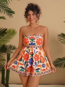 Travachic Plus Size Women Tropical Floral Print Spaghetti Strap Bikini Set, Convertible Swimsuit, Casual Beach Wear