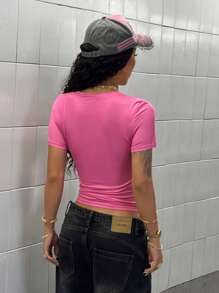 StreetHx Women's Spring/Summer Fuchsia Gothic Printed Rhinestoned Fitted Streetwear Y2K Punk Printed Vacation Short Sleeve T-Shirt