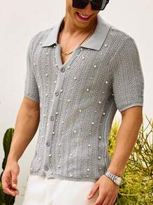 Manfinity RSRT Men's Pearl Beaded Decorated Short Sleeve Knitted Top For Summer, Vacation, Daily Wear, Party, Couple, Men's Gift, Father's Day Gift - Light Grey - View 3