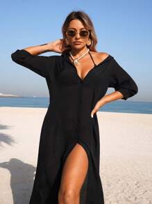 Swim Vcay 1 pieza Kimono cubridor de unicolor de manga larga para mujer, de moda para el verano - Negro - Ver 6