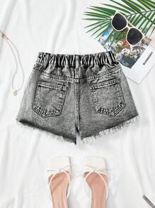 SHEIN 少女 Y2K 春夏假期浅色水洗低腰破洞毛边牛仔短裤，夏季海滩波西米亚风度假短裤，夏季音乐会节日休闲狂欢装，女孩夏季早午餐毕业装 - 黑色 - 查看 2