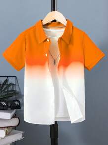 SHEIN Tween Boy Ombre Design Short Sleeve Shirt, Fresh And Fashionable, Versatile And Comfortable