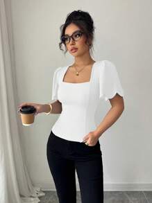 Elenzga Top court évasé à manches évasées avec bordure en coquillage de couleur unie style français, T-shirt ajusté à col carré et manches bouffantes élégant - Blanc - Voir 3