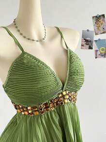 Soleia 休闲度假西式海滩婚礼宾客服装毕业早午餐吊带背心圣帕特里克节春假复活节节日优雅波西米亚热带水钻褶皱吊带背心上衣，春夏 - 綠色 - 查看 4