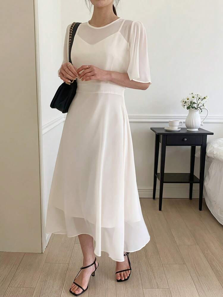 Women's Solid Color Round Neck Mesh Flowing Long Dress Maxi Dress