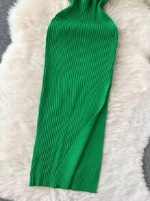 INAWLY 女士性感纯色镂空侧开衩露背吊带针织连衣裙，夏季 - 綠色 - 查看 4