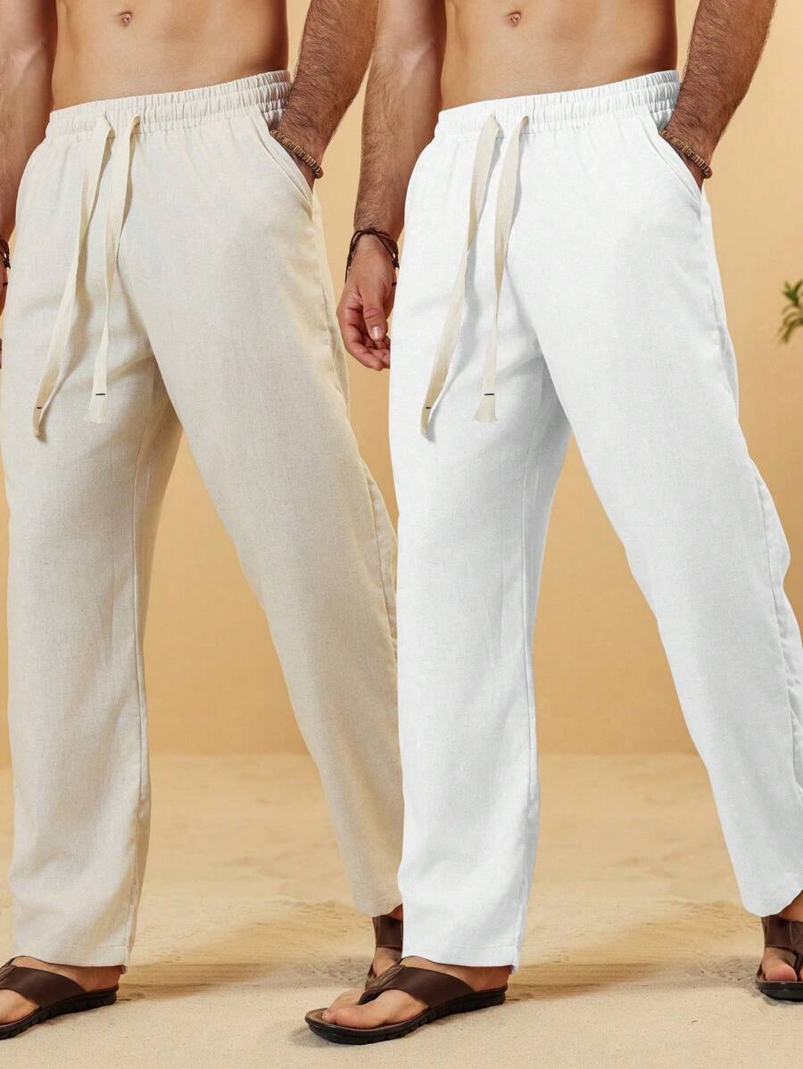 Manfinity RSRT 2 piezas/Set Pantalones de lino casuales con bolsillos y cordón en la cintura para hombres, ropa de otoño - Beis - Ver 1