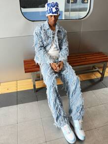 PAVTROS Manfinity Streetrush 男式磨边单排扣休闲牛仔宽松夹克，夏季外出派对舞会街头，Emo 风格，适合秋季 - 淺色水洗藍 - 查看 6