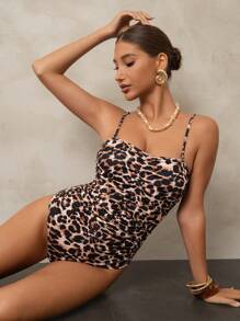 SHEIN Women's Standard Leopard Print Ruched Front Detachable Strap One-Piece Swimsuit, Suitable For Beach For Summer Beach Vacation - Multicolor - View 1