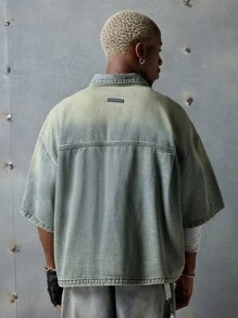 NEON BLANC 男士休闲梭织牛仔短袖衬衫，校园风，街头风 - 藍色 - 查看 3