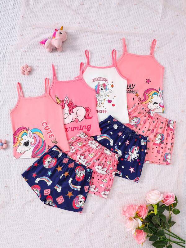 SHEIN Set de 8 piezas de pijama de verano para niña joven con cómoda tela de punto, con top de tirantes y pantalones cortos con estampado de unicornio lindo