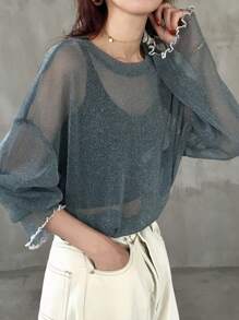 FRIFUL Women Loose Crew Neck See-Through Mesh Top, Layer In Spring & Summer Long Sleeve Women Tops,Fall Women Clothes - Blue - View 6