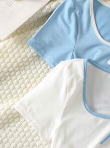 SHEIN Bộ 2 áo thun tay ngắn cổ chữ U họa tiết nơ đơn giản & thoải mái cho bé gái tuổi teen - Màu xanh nhạt - Xem 4