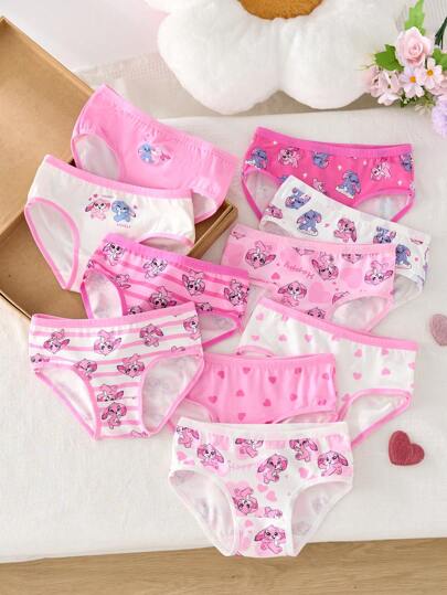 SHEIN 10pcs/Set Young Girl' Cute Cartoon Full Print Animal Banded Underwear Briefs, Colorful Rabbit Print For Summer