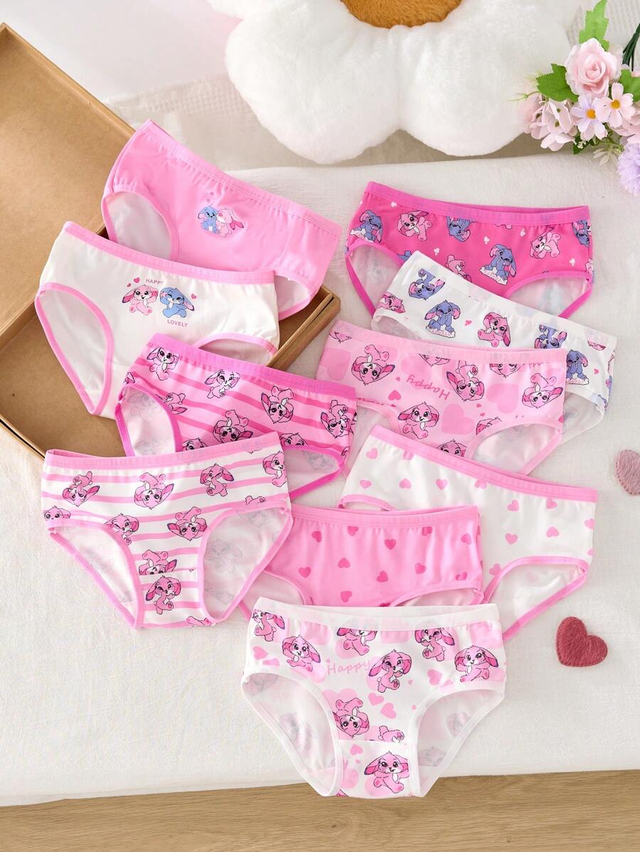 SHEIN 10pcs/Set Young Girl' Cute Cartoon Full Print Animal Banded Underwear Briefs, Colorful Rabbit Print For Summer - Multicolor - View 1