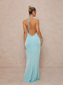 Lumalex 金属节日度假优雅深 V 领弹力漂亮女士沙滩裙 - 淺藍色 - 查看 2