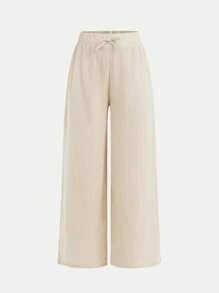 SHEIN Set de 2 pantalones anchos de pierna ancha con textura tejida y moño casual para niñas preadolescentes, estilo vacacional