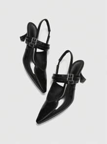 CUCCOO BIZCHIC Damen Rock Chic spitzere Zehenkappe mit Cut Out 3-Riemen-Schnallen-Kitten-Absatz-Stilettos in Schwarz mit Rückenausschnitt, von Fashion-Bloggern empfohlen