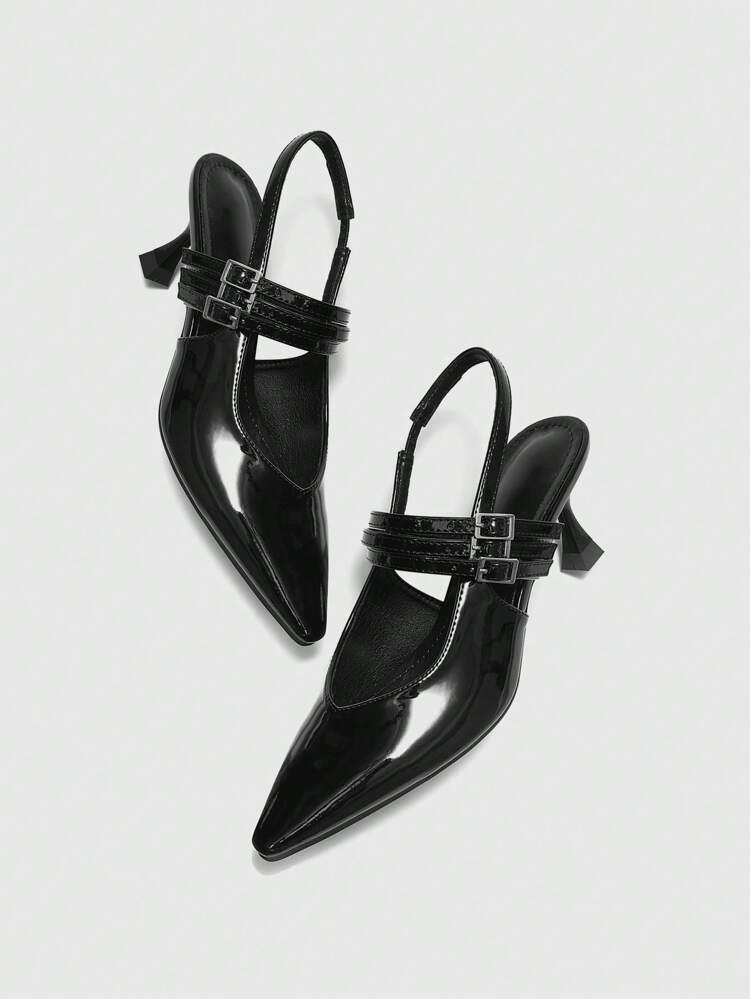 CUCCOO BIZCHIC Women's Rock Chic Pointed Toe Hollow Out 3-Strap Buckle Low Kitten Heels Stilettos Black Backless High Heels, Fashion Blogger Recommended