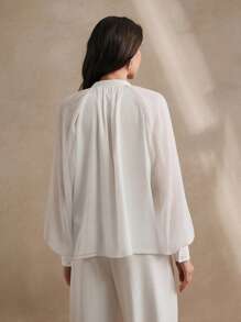 Anewsta Women's New White Chiffon Pearl Studded Long Sleeve Blouse, Spring/Summer - White - View 3