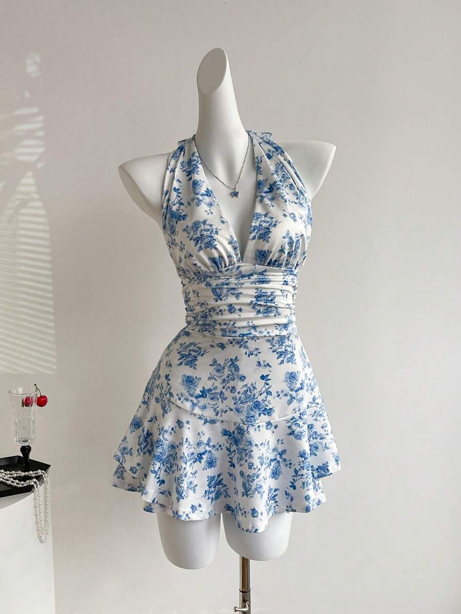 Flirla Women's Elegant Ditsy Floral V-Neck Sleeveless Mini Dress, Summer Beach Vacation Style - Blue and White - View 1